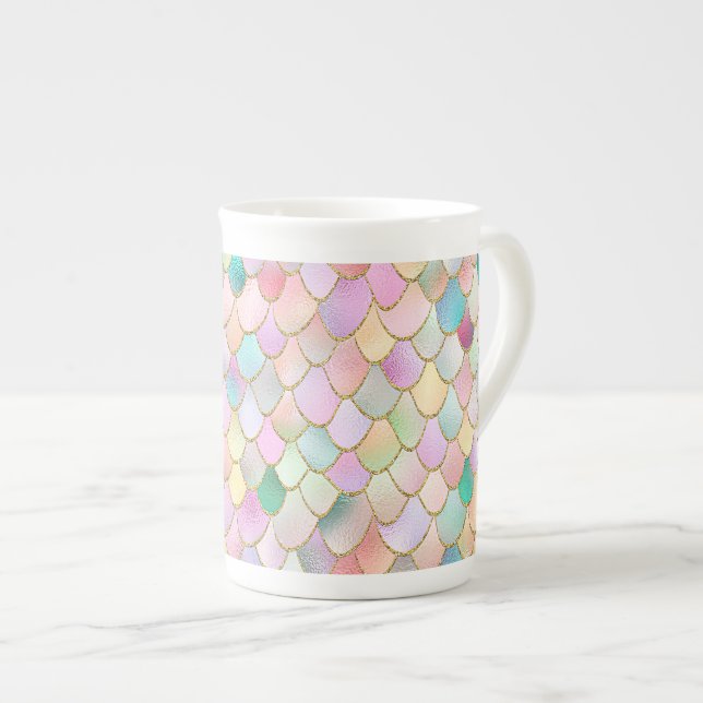Wonky Trendy Rainbow Girl Metal Mermaid Scales Bone China Mug (Front Right)