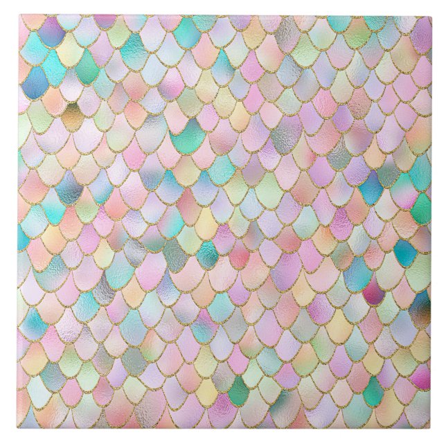 Wonky Trendy Rainbow Girl Metal Mermaid Scales Ceramic Tile (Front)