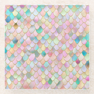 Wonky Trendy Rainbow Girl Metal Mermaid Scales Glass Coaster