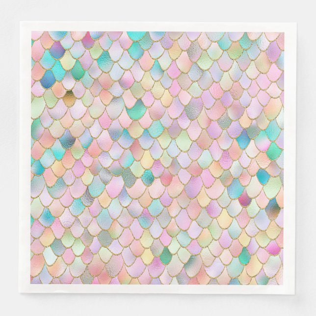 Wonky Trendy Rainbow Girl Metal Mermaid Scales Paper Dinner Napkins (Front)