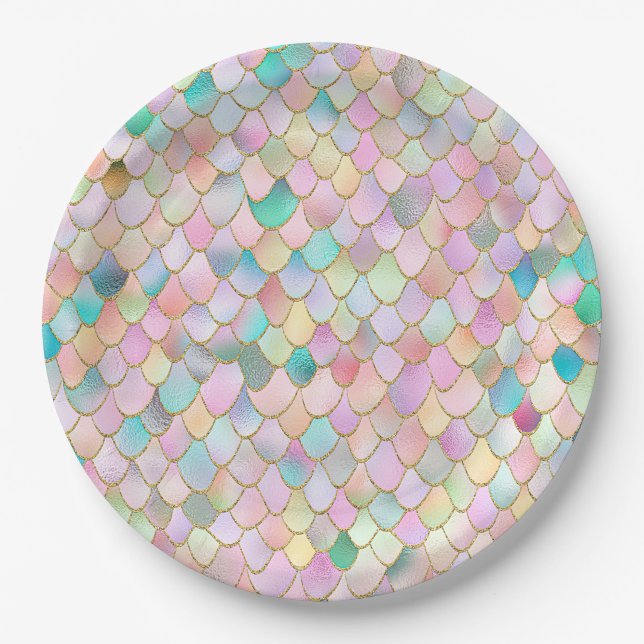 Wonky Trendy Rainbow Girl Metal Mermaid Scales Paper Plates (Front)