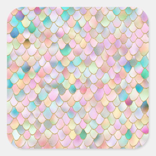 Wonky Trendy Rainbow Girl Metal Mermaid Scales Square Sticker