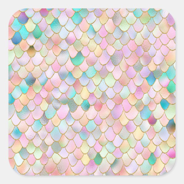 Wonky Trendy Rainbow Girl Metal Mermaid Scales Square Sticker (Front)