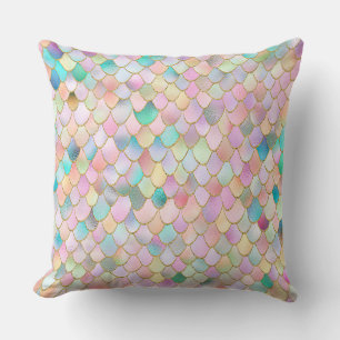 Wonky Trendy Rainbow Girl Metal Mermaid Scales Throw Pillow