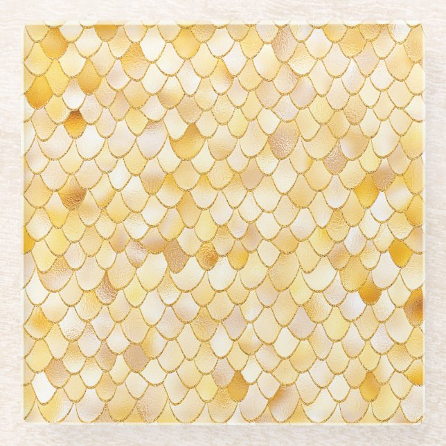 Wonky Watercolor Gold Glitter Metal Mermaid Scales Glass Coaster (Front)