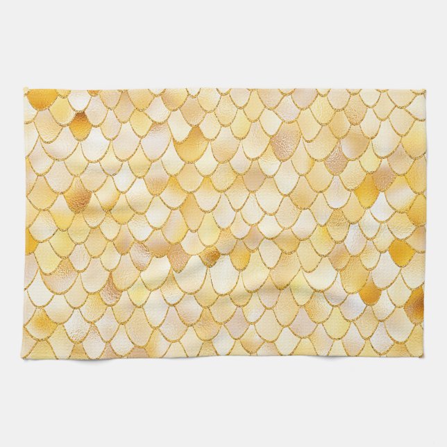 Wonky Watercolor Gold Glitter Metal Mermaid Scales Kitchen Towel (Horizontal)