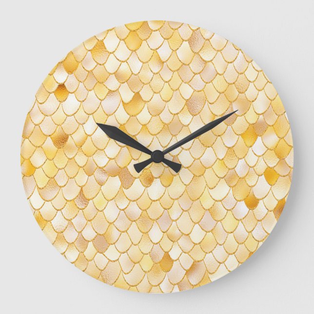 Wonky Watercolor Gold Glitter Metal Mermaid Scales Large Clock (Front)