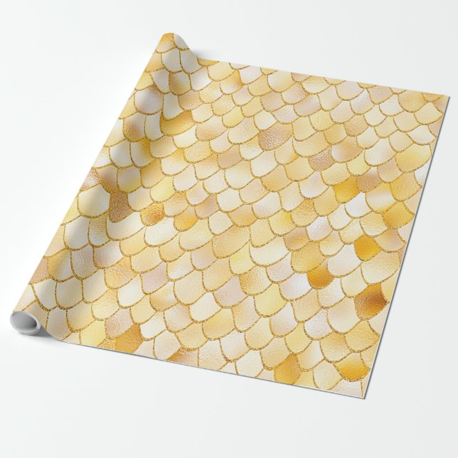 Wonky Watercolor Gold Glitter Metal Mermaid Scales Wrapping Paper (Unrolled)