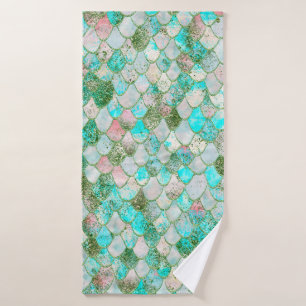Wonky Watercolor Mint Green Glitter Mermaid Scales Bath Towel Set