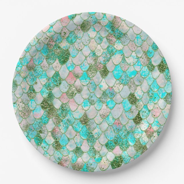 Wonky Watercolor Mint Green Glitter Mermaid Scales Paper Plates (Front)