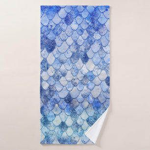 Wonky Watercolor Ocean Blue Glitter Mermaid Scales Bath Towel Set