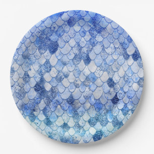 Wonky Watercolor Ocean Blue Glitter Mermaid Scales Paper Plates