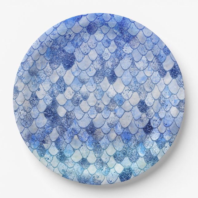 Wonky Watercolor Ocean Blue Glitter Mermaid Scales Paper Plates (Front)