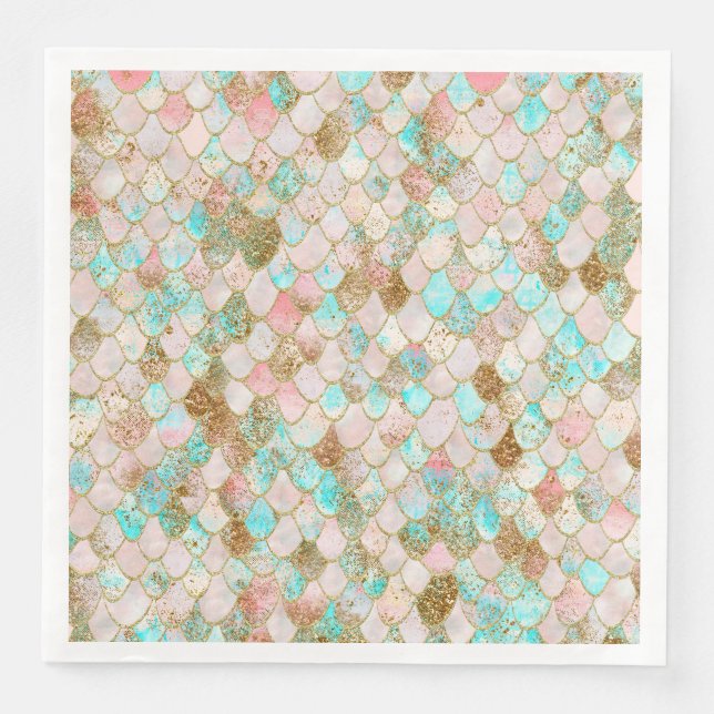 Wonky Watercolor Pastel Glitter Mermaid Scales Paper Dinner Napkins (Front)