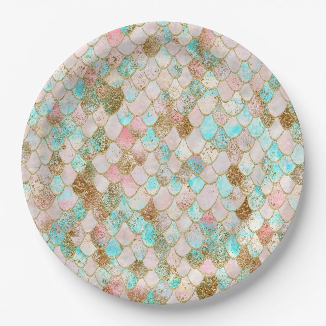 Wonky Watercolor Pastel Glitter Mermaid Scales Paper Plates (Front)