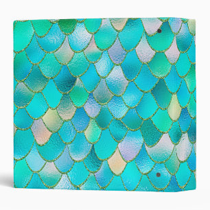 Wonky Watercolor Teal Glitter Metal Mermaid Scales 3 Ring Binder