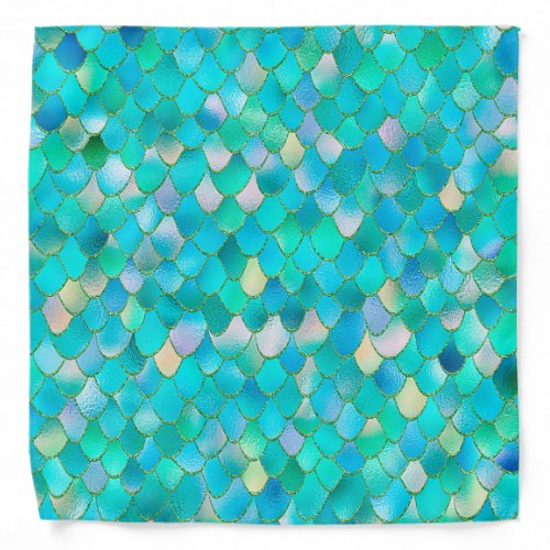 Wonky Watercolor Teal Glitter Metal Mermaid Scales Bandana