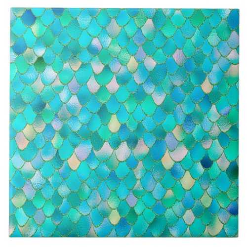 Wonky Watercolor Teal Glitter Metal Mermaid Scales Ceramic Tile