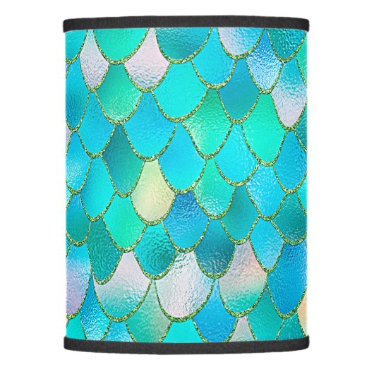 Wonky Watercolor Teal Glitter Metal Mermaid Scales Lamp Shade (Front)