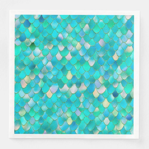 Wonky Watercolor Teal Glitter Metal Mermaid Scales Paper Dinner Napkins