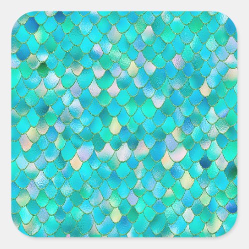 Wonky Watercolor Teal Glitter Metal Mermaid Scales Square Sticker