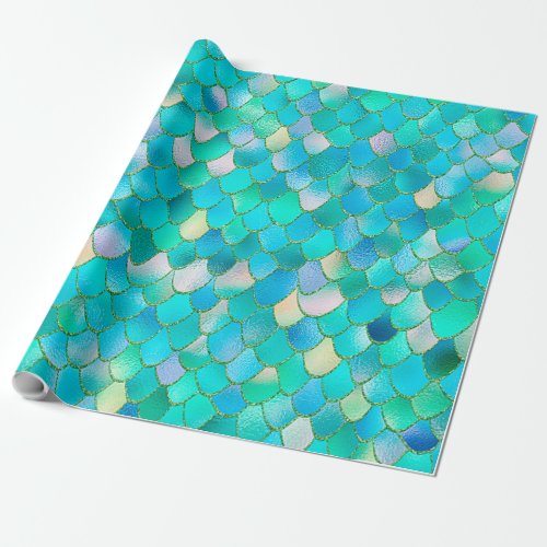 Wonky Watercolor Teal Glitter Metal Mermaid Scales Wrapping Paper