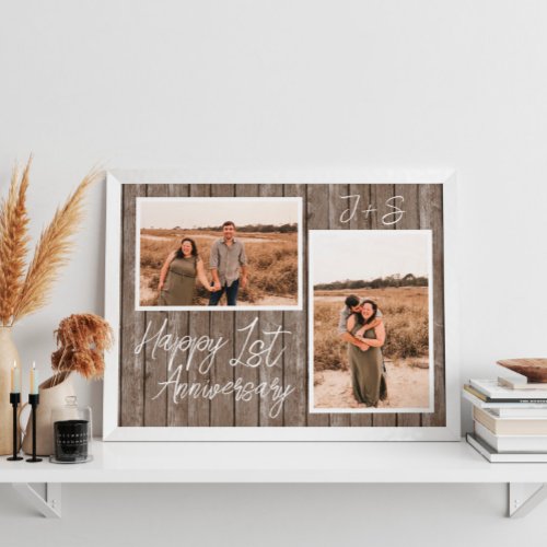 Wood 1st Wedding Anniversary Couple Photo Collage Poster