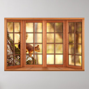 Wood 4 Pane Window Illusion - Squirrel Poster