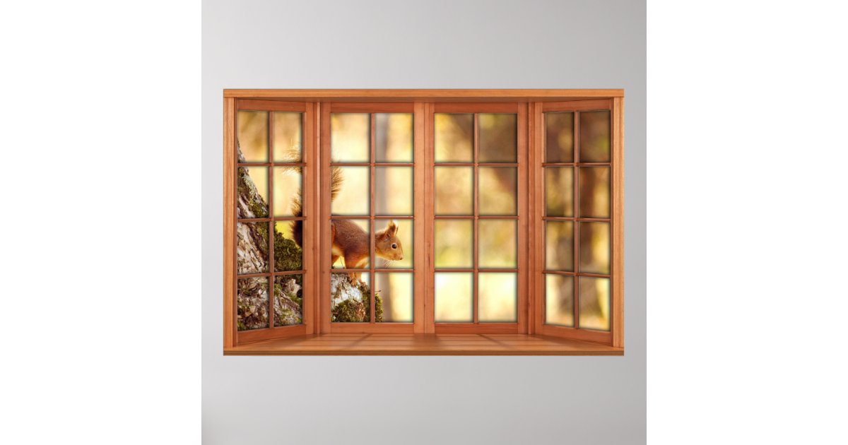 Wood 4 Pane Window Illusion Squirrel Poster Zazzle Com