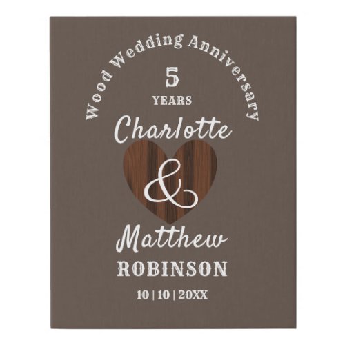 Wood 5th Wedding Anniversary Gift Personalized Faux Canvas Print