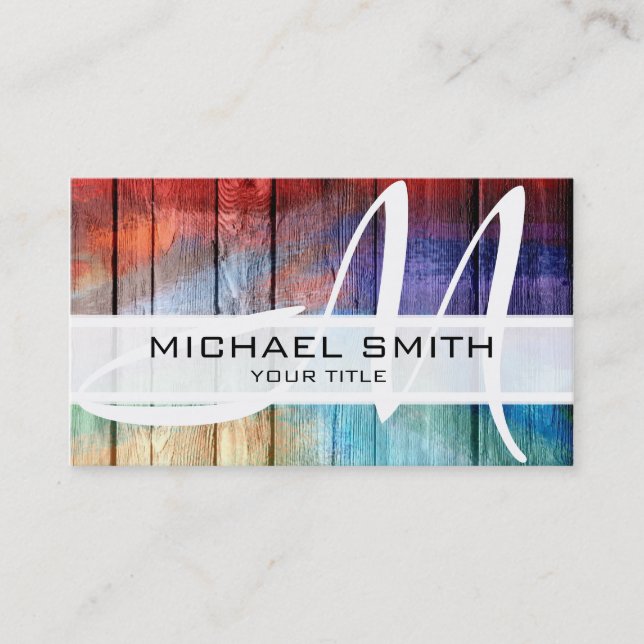 Wood Abstract Colored Modern Monogram Business Card (Front)