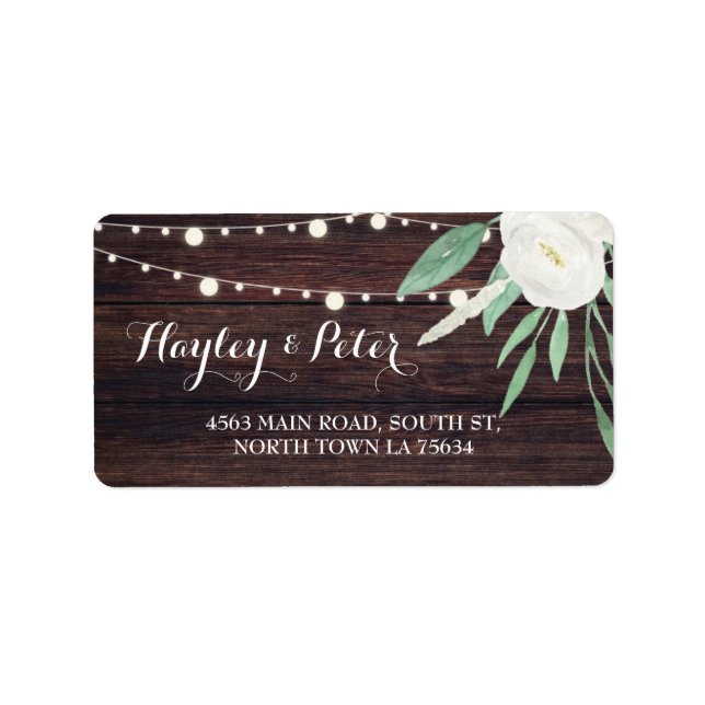 Wood Address Labels Stickers White Flowers Wedding (Front)