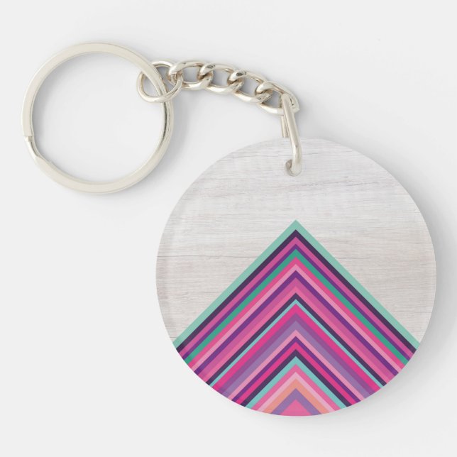Wood and Bright Stripes, Geometric Bohemian Design Keychain (Front)