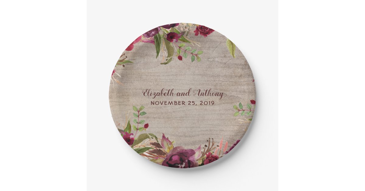 Wood and Burgundy Flowers Rustic Wedding Paper Plate | Zazzle.com Wood and Burgundy Flowers Rustic Wedding Paper Plate | Zazzle.com