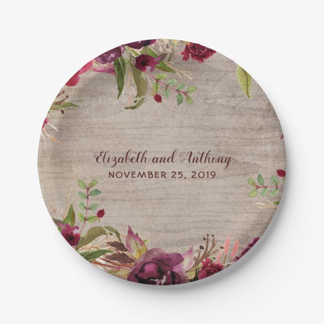 Wood and Burgundy Flowers Rustic Wedding Paper Plates (Front)