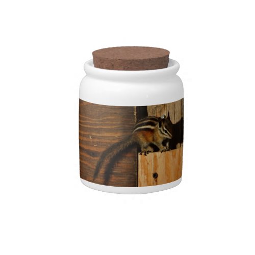 wood and chipmunk candy jar