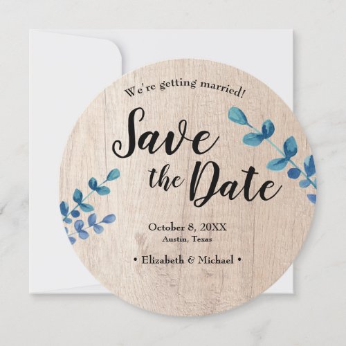 Wood and Eucalyptus Engagement photo Save the date Invitation