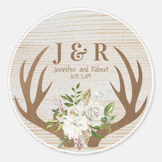 Wood and Floral Background Boho Antlers Monogram Classic Round Sticker (Front)