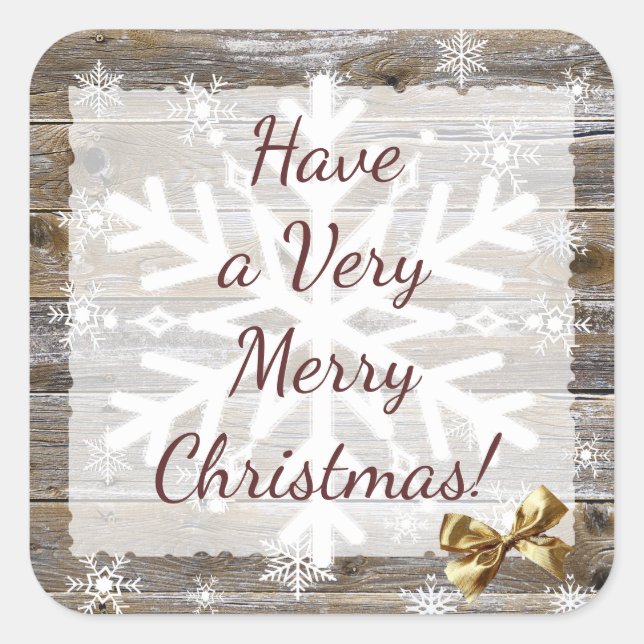 Wood and Gold  Bow Snowflakes Christmas Square Sticker (Front)