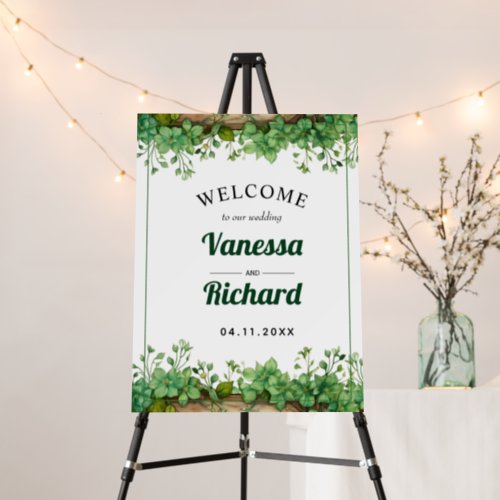 Wood and greenery spring wedding welcome sign