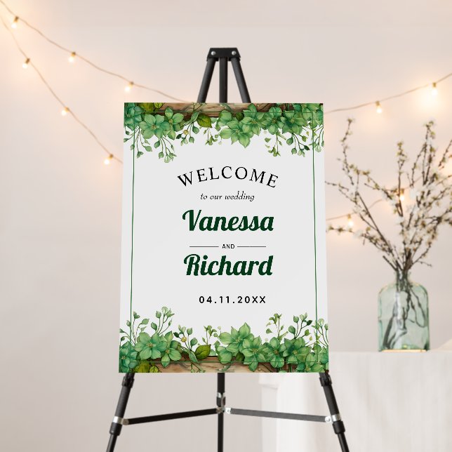Wood and greenery spring wedding welcome sign (In Situ (Stand))