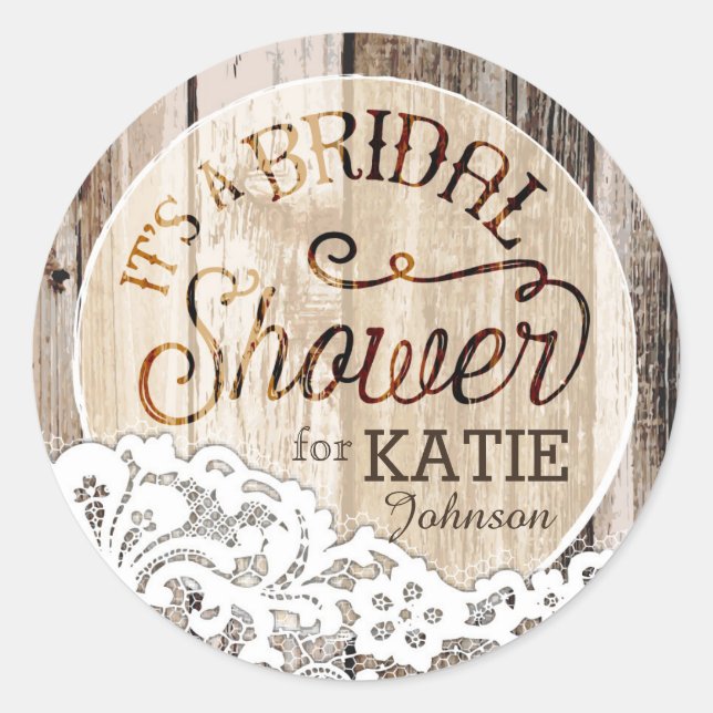 Wood and Lace Rustic Bridal Shower Label (Front)