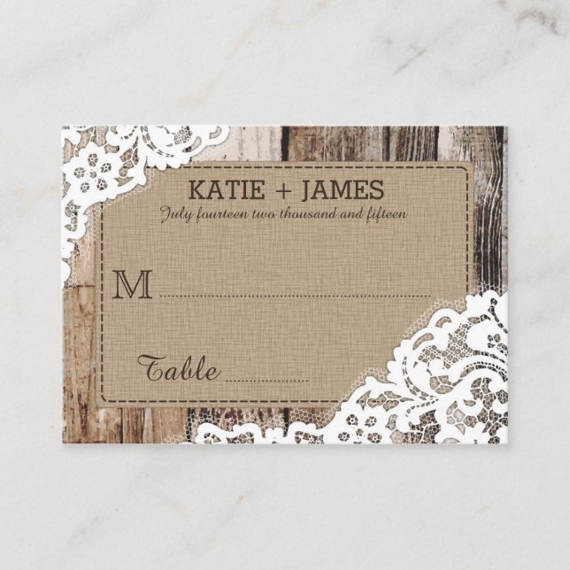 Wood and Lace Rustic Country Wedding Place Cards (Front)