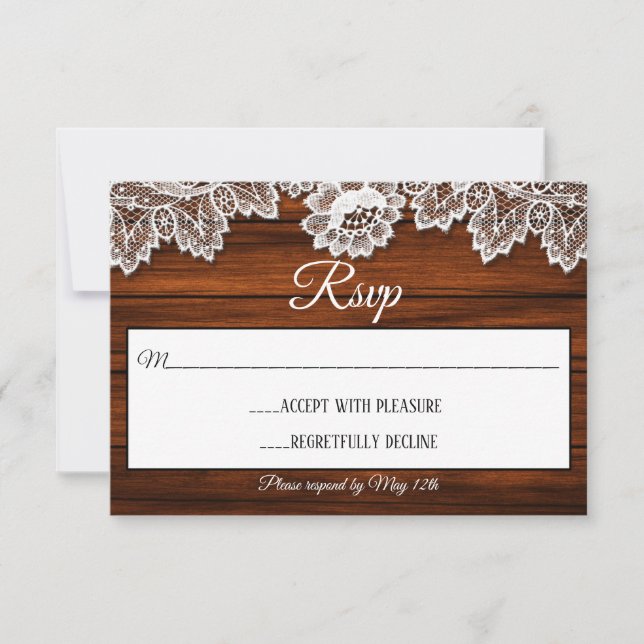 Wood and Lace Rustic Wedding RSVP Card (Front)