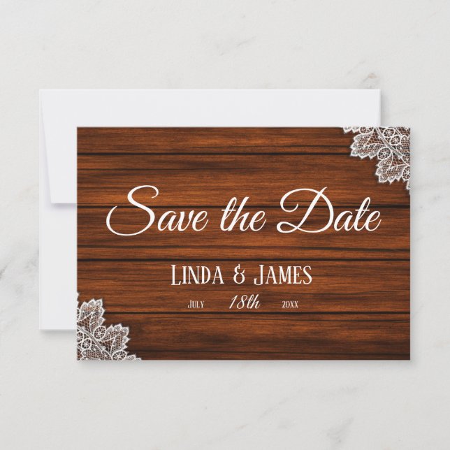 Wood and Lace Rustic Wedding Save the Date Card (Front)