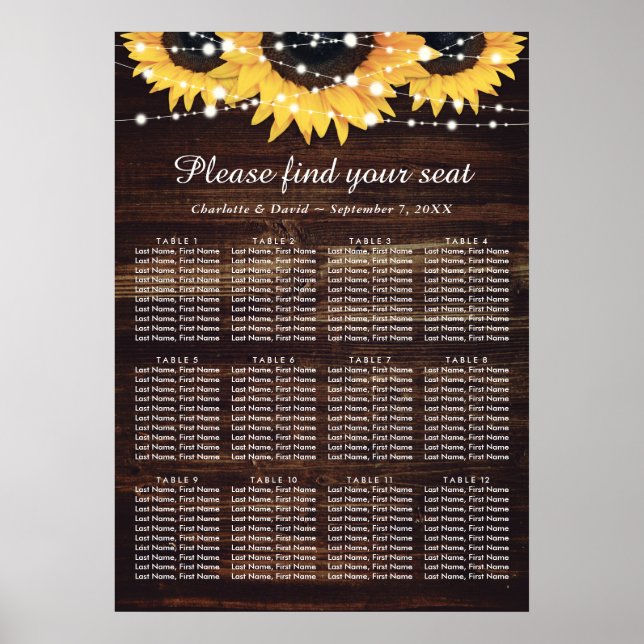 Wood and Lace Sunflower Wedding Seating Chart 12 (Front)