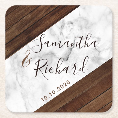 Wood And Marble Wedding Square Paper Coaster