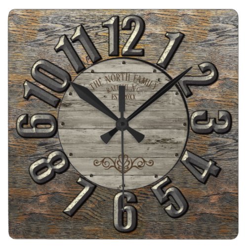 Wood and Metal Large Number w/Name Square Wall Clock