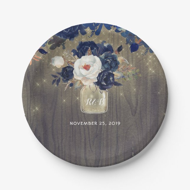 Wood and Navy Flowers Mason Jar Wedding Paper Plates (Front)