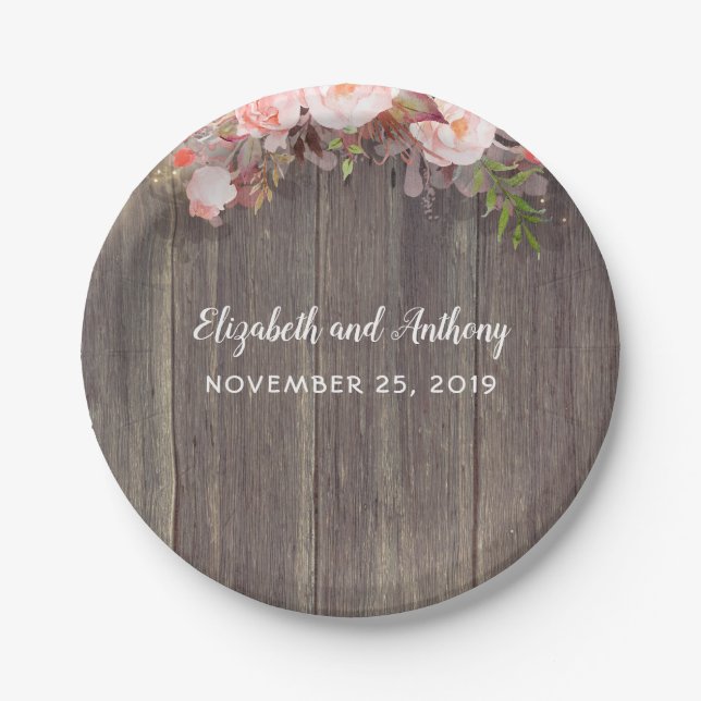 Wood and Pink Flowers Rustic Wedding Paper Plates (Front)